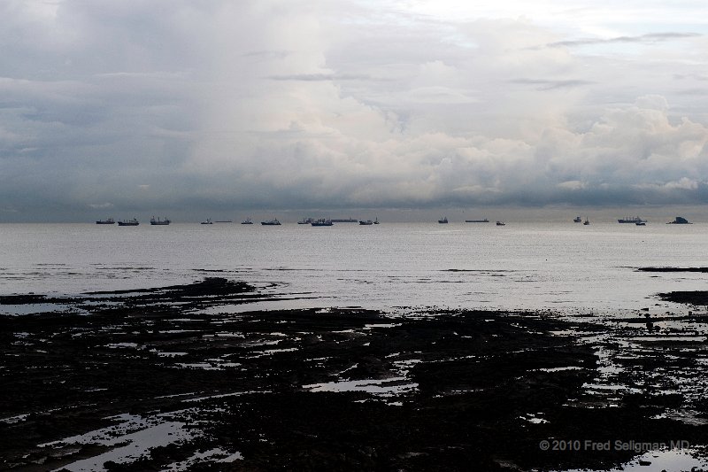 20101201_182500 D3S.jpg - Looking out (from Panama City) at the ships waiting in the Pacific to go through the Panama Canal.  Panama City is in the same Eastern time zone as Miami, so one is looking out to the Pacific in the Eastern Time Zone.